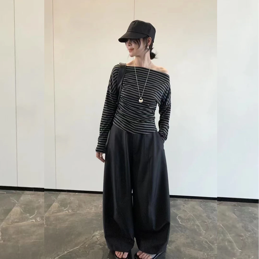 2025早秋新款时尚一字肩长袖T恤衫阔腿裤女宽松气质上衣裤子套装