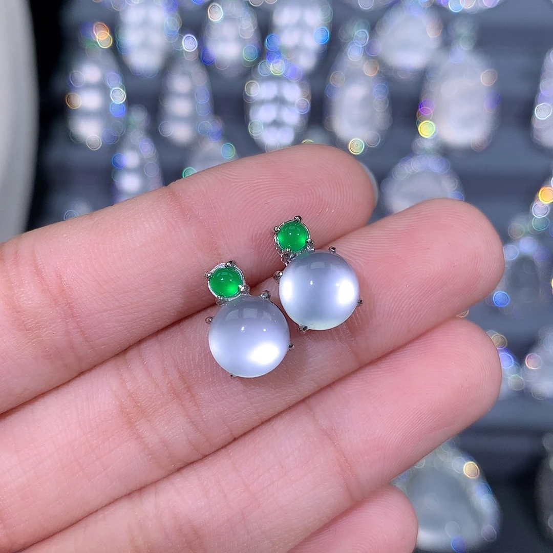 石英质玉耳钉银S925镶嵌