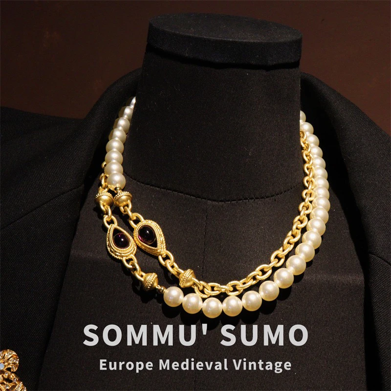 铜合金琉璃项链 欧美法式宫廷风项链耳环套装紫色琉璃珠长款项链