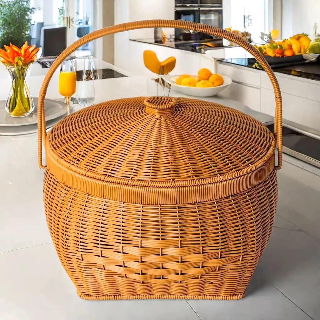 高档大容量拜拜蓝家用手提手工编织篮拜神篮仿藤编织篮直径38*H24