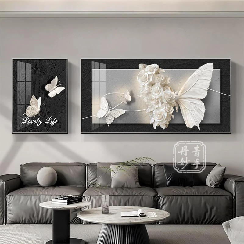高级感黑白蝴蝶客厅装饰画法式轻奢沙发背景墙壁挂画简约二联壁画