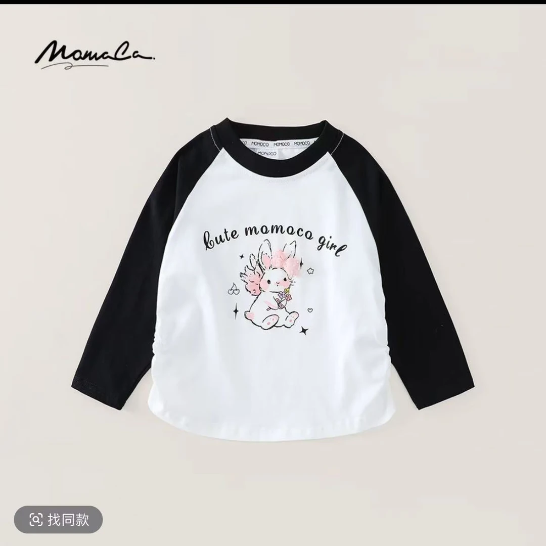 MOMOCO女童秋季儿童时尚可爱卡通兔子印花拼色圆领T恤77730235015