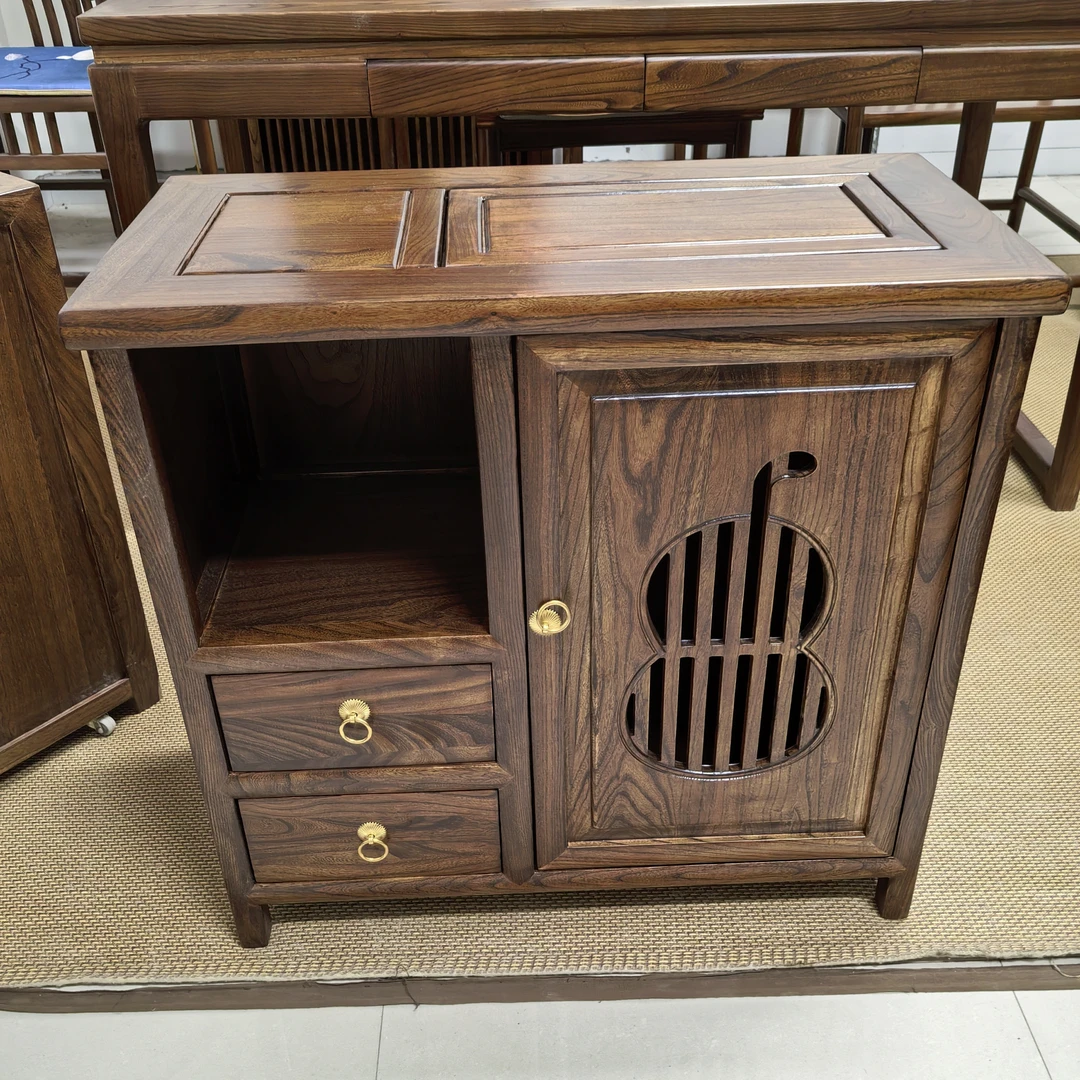 老榆木茶水柜多功能可移动实木茶储物柜中式茶桌茶道收纳柜置物架