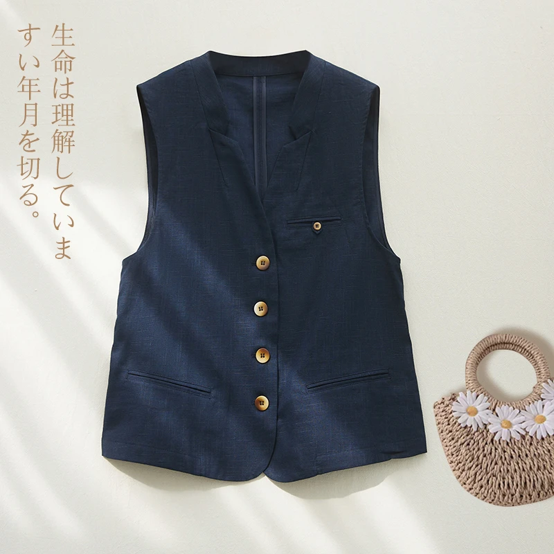 夏季轻盈薄款亚麻马甲外搭女士时尚气质叠穿马夹棉麻上衣坎肩背心