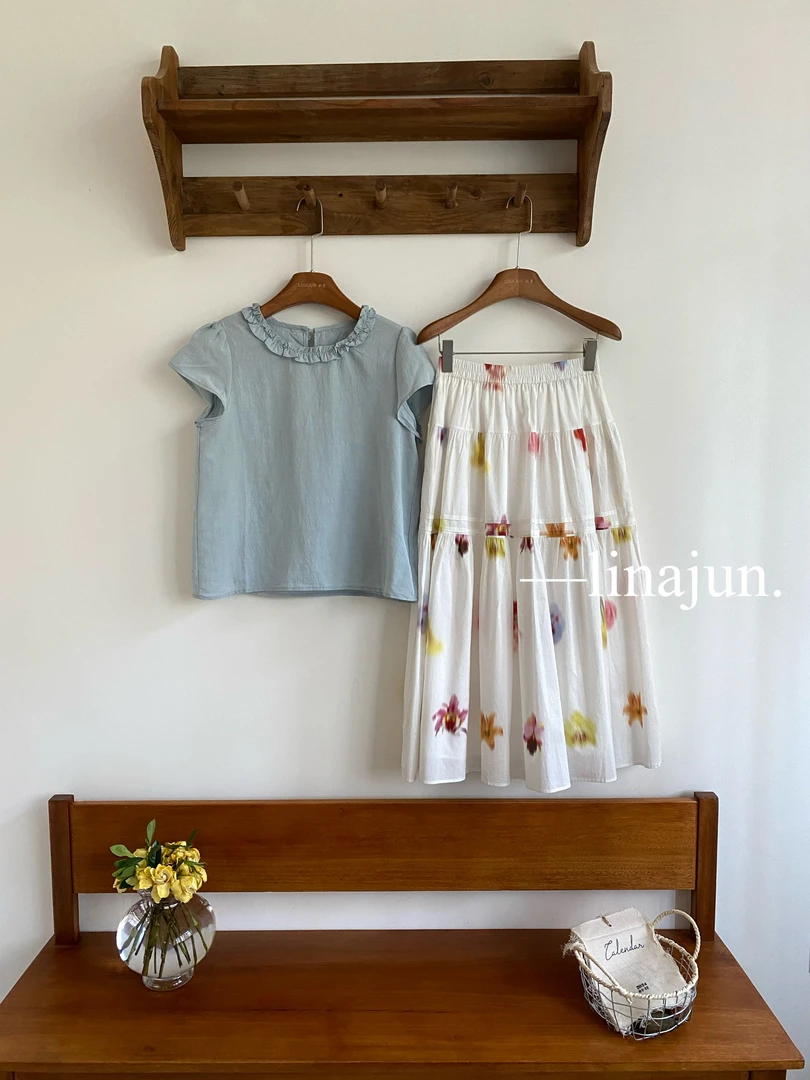 6.14夏季新款韩版时尚百搭花边拼接圆领宽松衬衫花朵印花半身裙