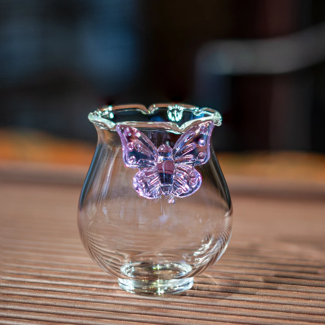 蝴蝶杯玻璃茶杯高档手工咖啡杯花茶杯盖碗主人杯品茗杯透明杯子