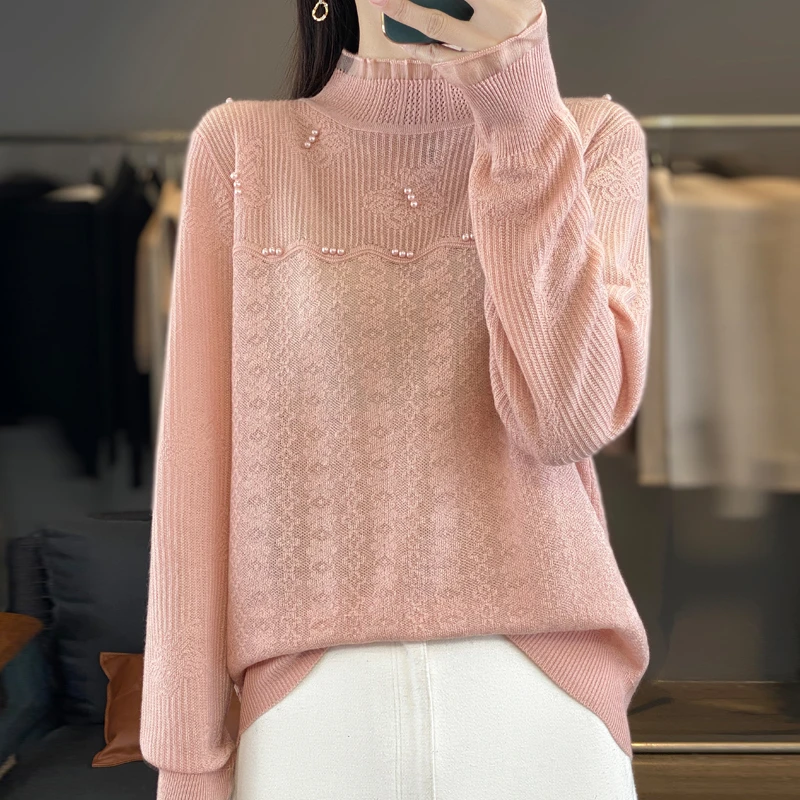 春季薄款羊毛衫女士蕾丝半高领宽松气质时尚钉珠长袖百搭针织上衣