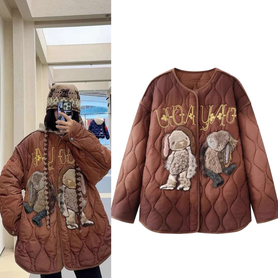 【梦幻】秋冬新款复古童趣奇幻兔子贴布刺绣圆领棉服外套3095