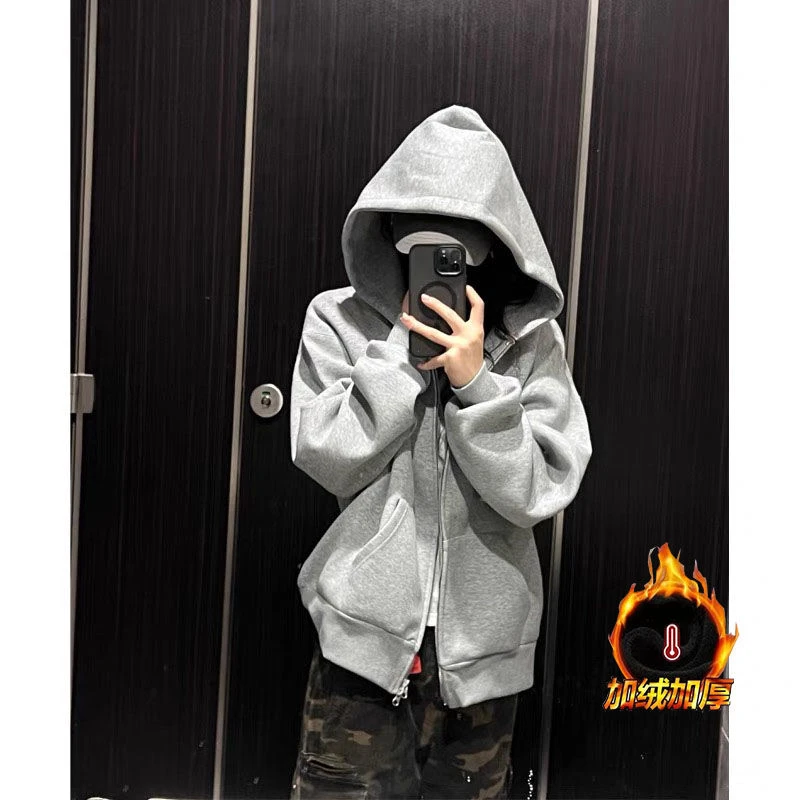连帽加绒拉链卫衣复古ins潮流情侣潮流宽松显瘦遮肉街头连帽男女