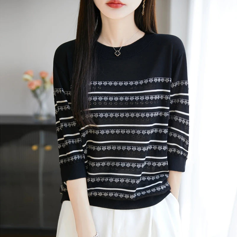 莱赛尔天丝中袖条纹撞色圆领针织衫女士夏季薄款镂空时尚百搭上衣