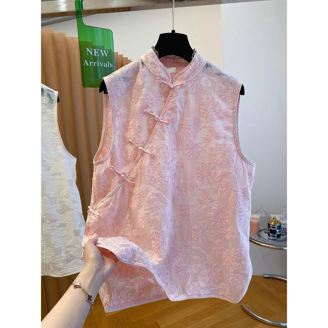 胖妹妹大码新中式日常可穿改良旗袍无袖上衣女刺绣盘扣背心衬衫夏