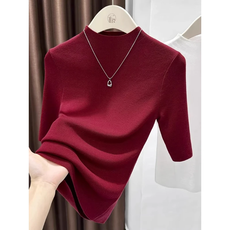 法式酒红色五分袖针织衫上衣女2025新款秋冬半高领中袖修身打底衫