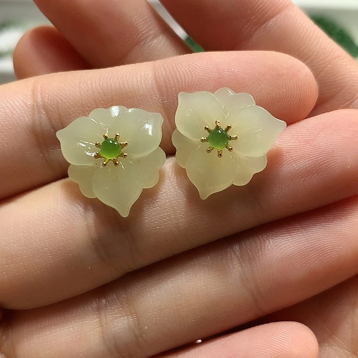 银S925镀金镶嵌和田玉（黄玉）耳饰听*