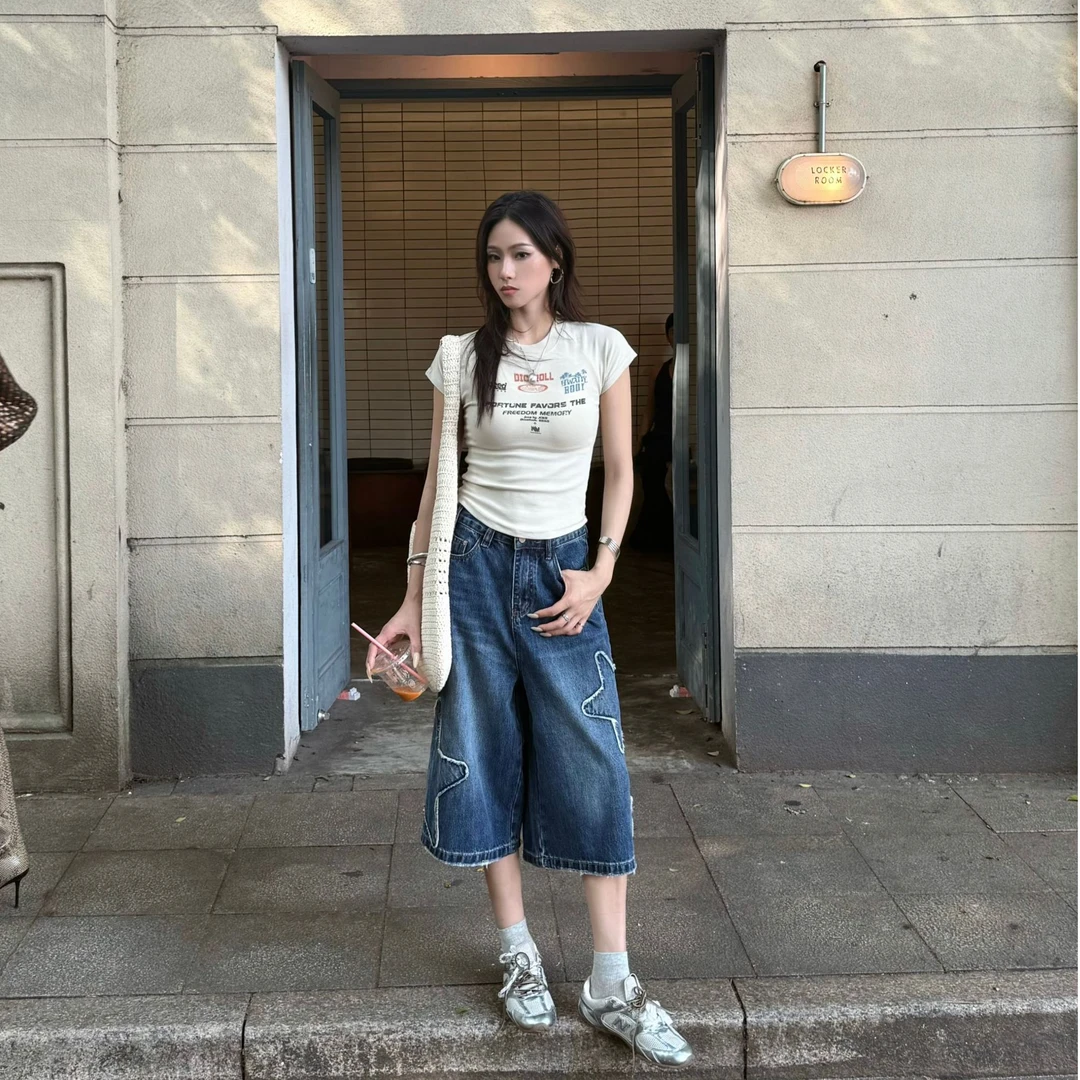 火火自制【星星短裤】美式复古星星毛边设计宽松显瘦六分牛仔裤