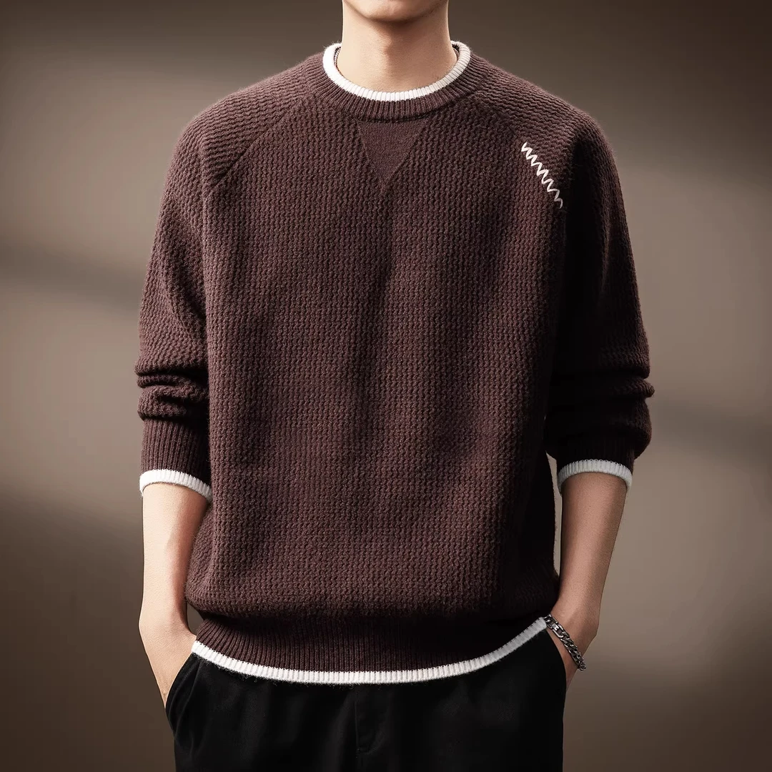 假两件拼色圆领重磅毛衣男士秋冬新款潮牌宽松休闲百搭套头针织衫