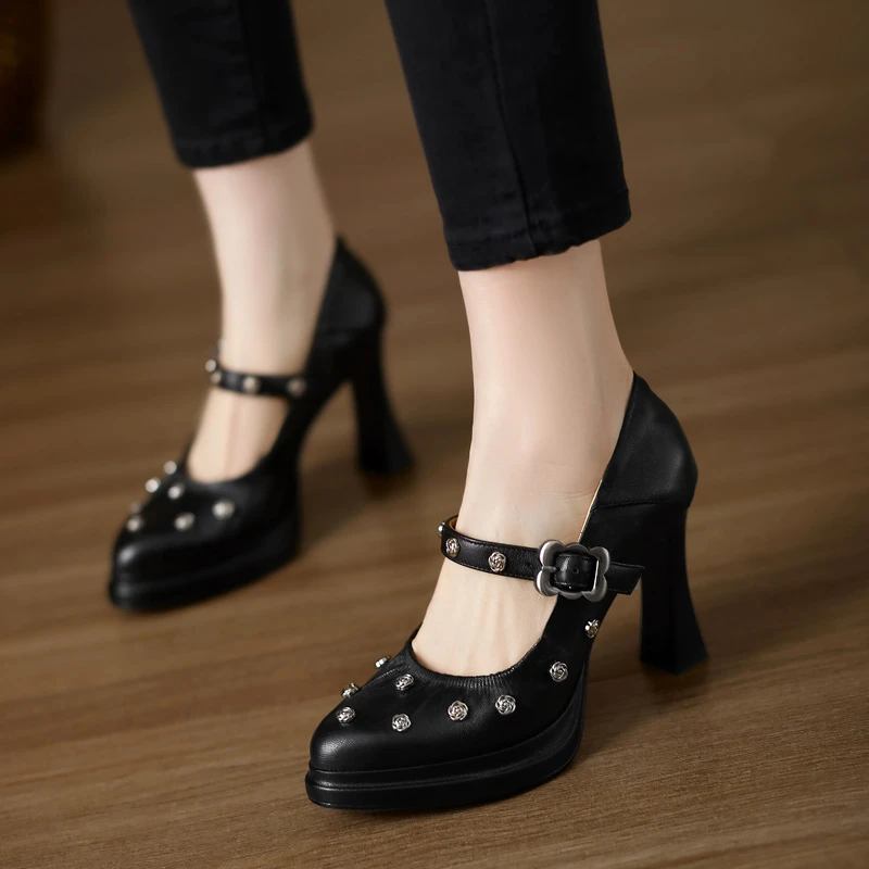 修悦女鞋 10cm小个子防水台高跟鞋羊皮尖头单鞋一字扣带玛丽珍鞋