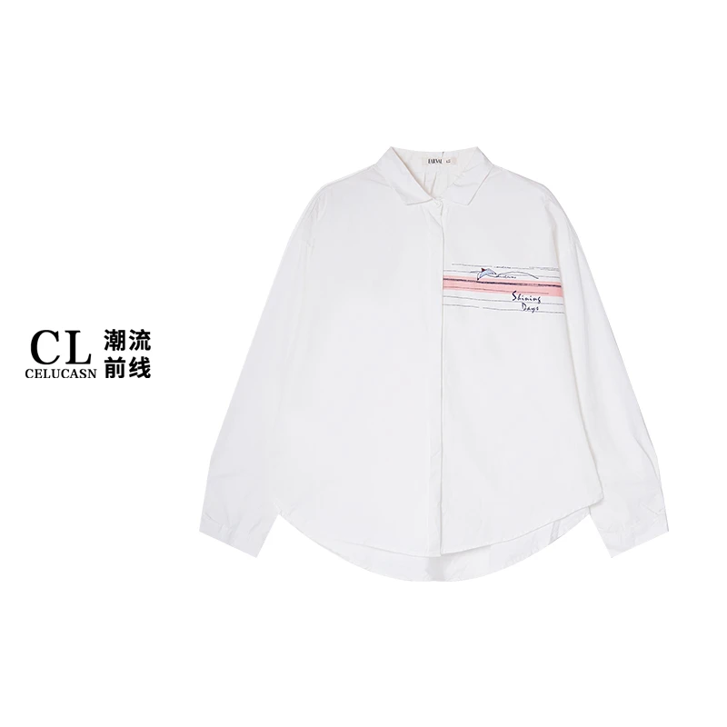 E8CI3166#秋季白色通勤印花常规衬衫长袖时尚简约上衣女
