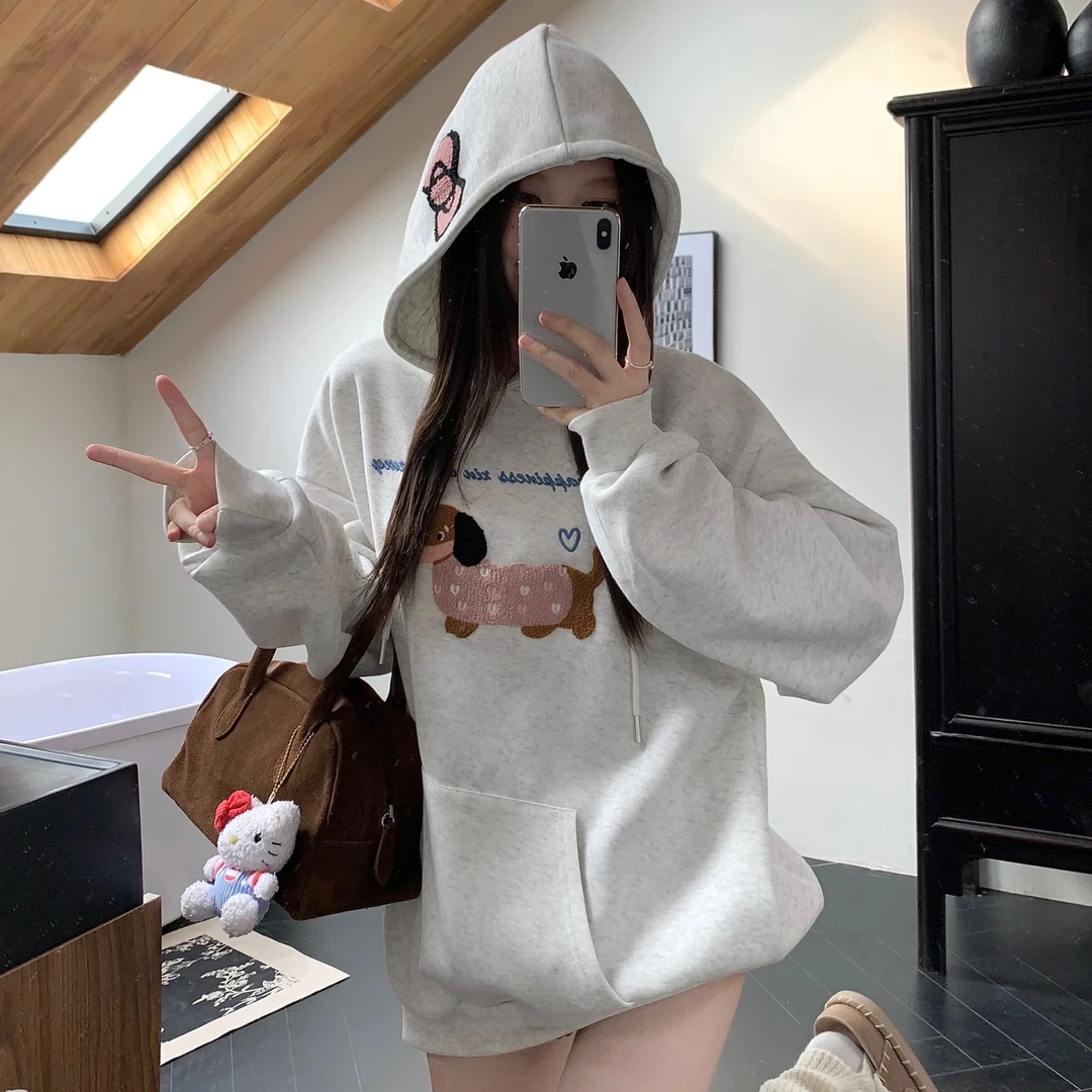 灰色连帽套头卫衣女秋冬季新款设计感小众卡通刺绣宽松中长款上衣