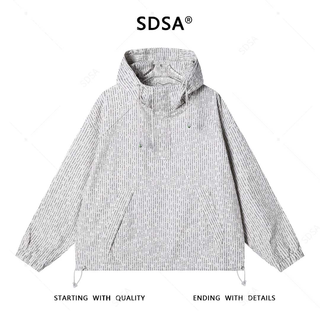 SDSA秋冬新款痞帅男装潮牌重工竖纹满幅绣花半拉链立领连帽卫衣