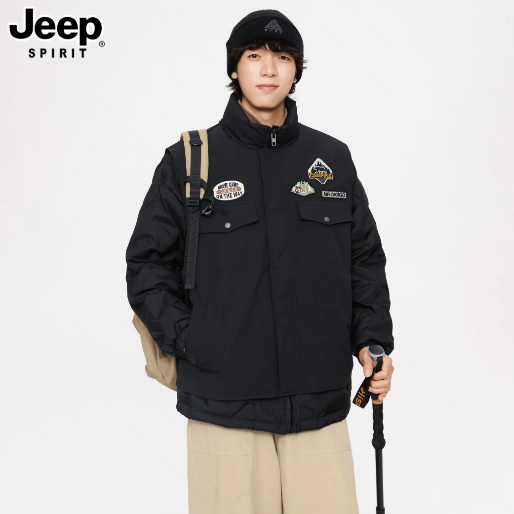 JEEPSPIRIT吉普冬季贴标假两件立领羽绒服潮牌高街户外工装防寒
