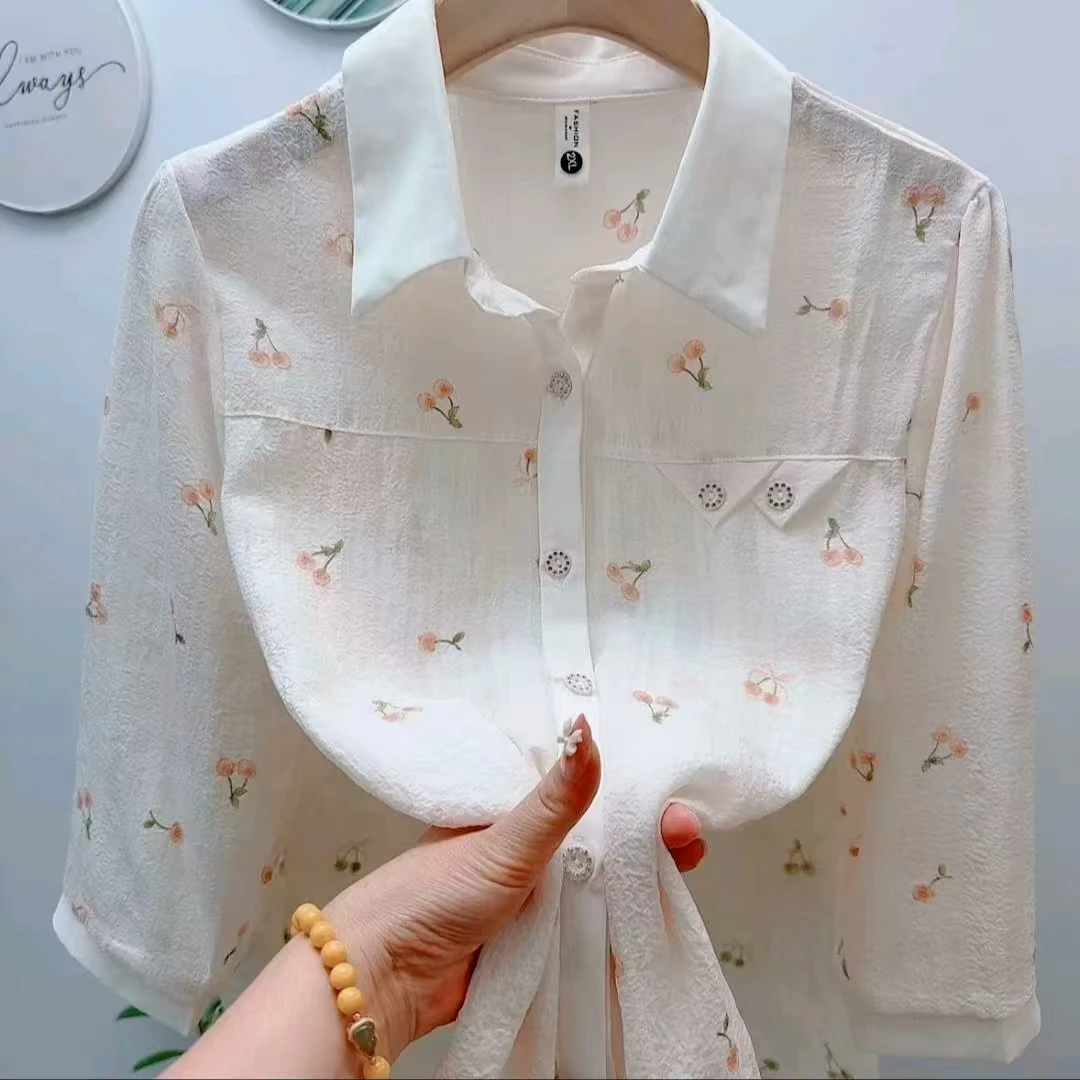 开衫款女士夏季新款樱桃花雪纺印花衬衫高级感别致漂亮小衫