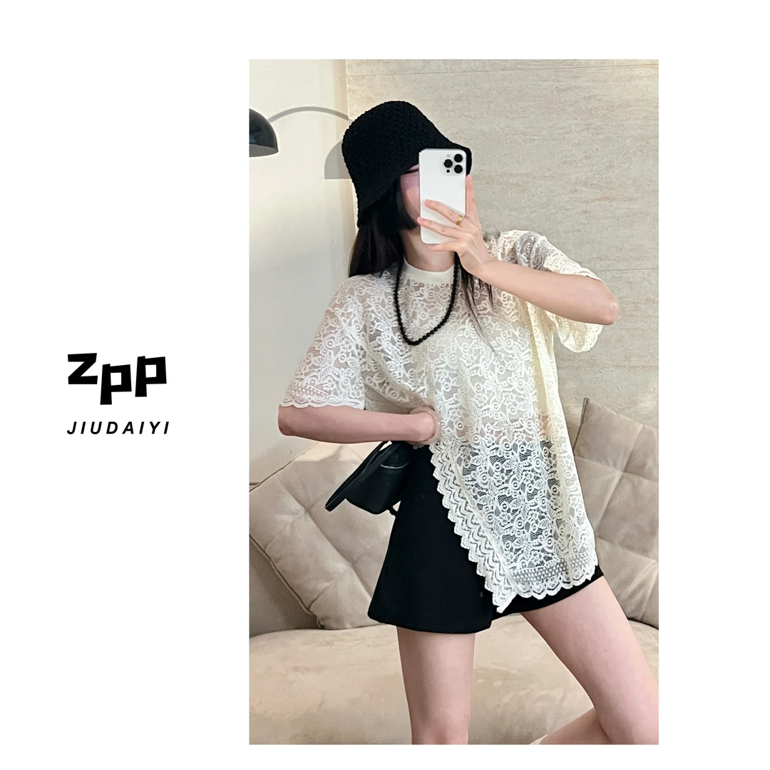 玖黛衣现货【蕾丝花语】新款夏季蕾丝提花侧边开叉百搭短袖TXP40956