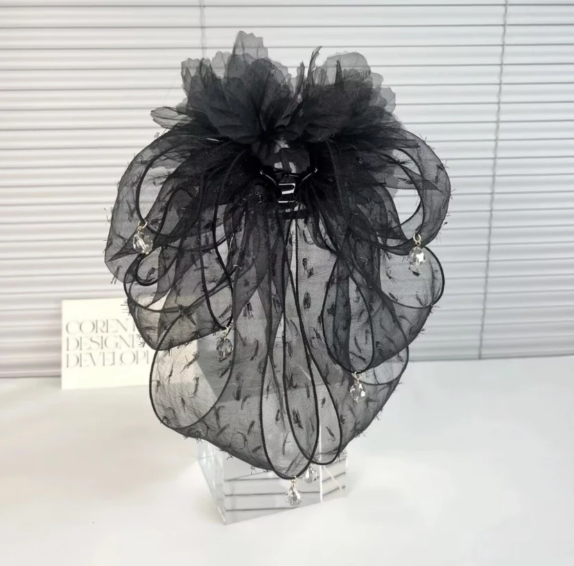 高级感黑色网纱马尾夹超仙氛围感优雅时尚百搭气质发夹轻奢发饰