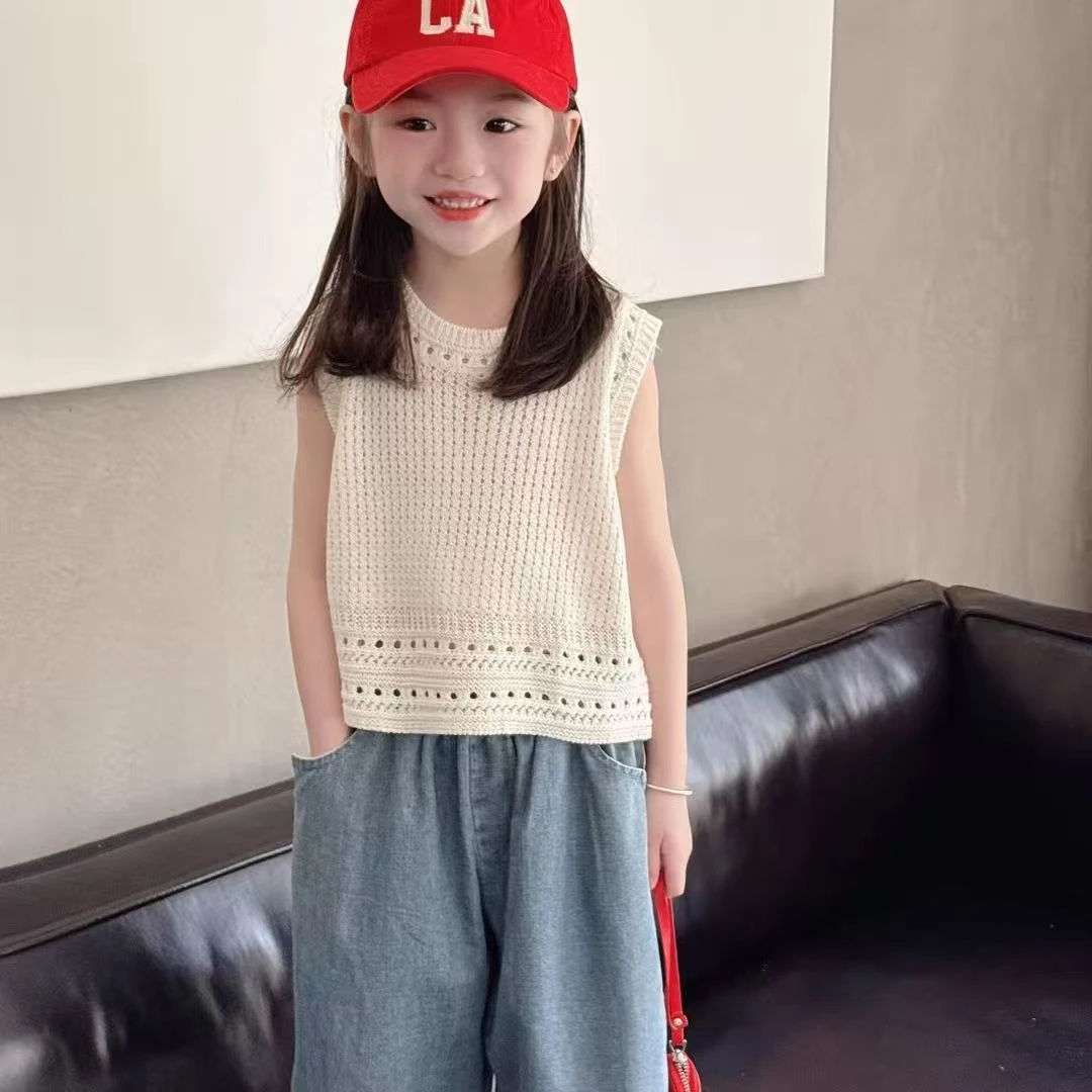 女童韩版镂空针织短袖甜美短款马甲2025夏季新款秋装儿童背心