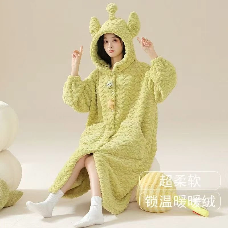 2025柔软女长袖厚款冬季秋冬睡袍家居服睡裙长款加厚锁温