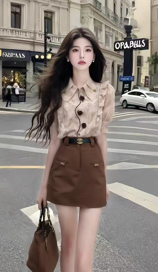 轻奢减龄时尚女装翻领短袖修身不规则上衣+咖色包臀半身裙两件套