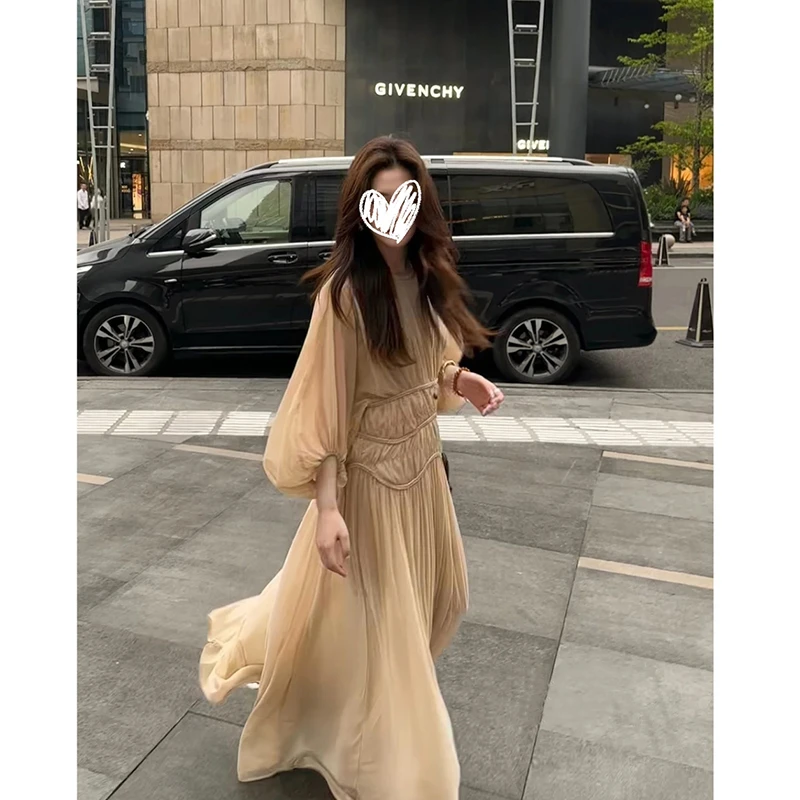 2738 复古气质长款灯笼袖圆领收腰连衣裙高级感纱丝腰封长裙