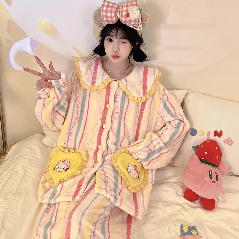 HelloKitty睡衣女珊瑚绒冬季法兰绒加厚多巴胺可爱少女家居服套装