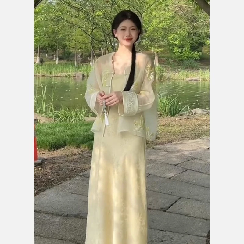 新中式女装国风套装裙2024新款清冷感高级感佛系禅意绿色两件套女