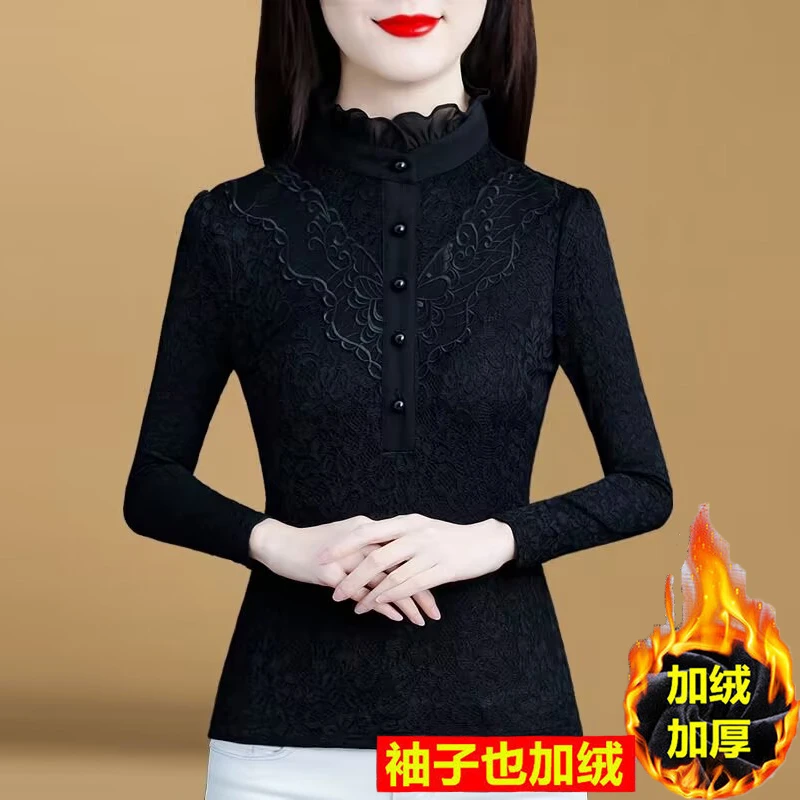 GF#5003 半高领蕾丝打底衫女秋冬新款加绒加厚保暖上衣洋气妈妈