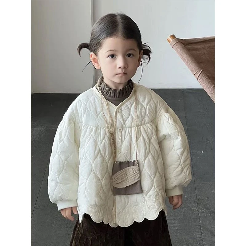 韩系童装女童棉服新款秋冬儿童白色上衣宝宝时髦百搭花边外套