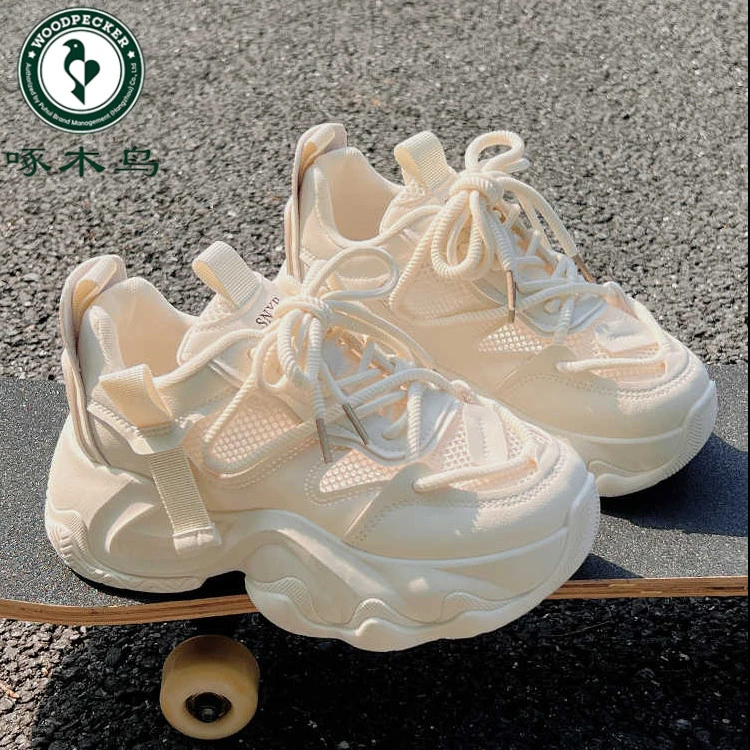 啄木鸟厚底网面透气小白鞋女2025新款夏季老爹鞋小众运动休闲鞋