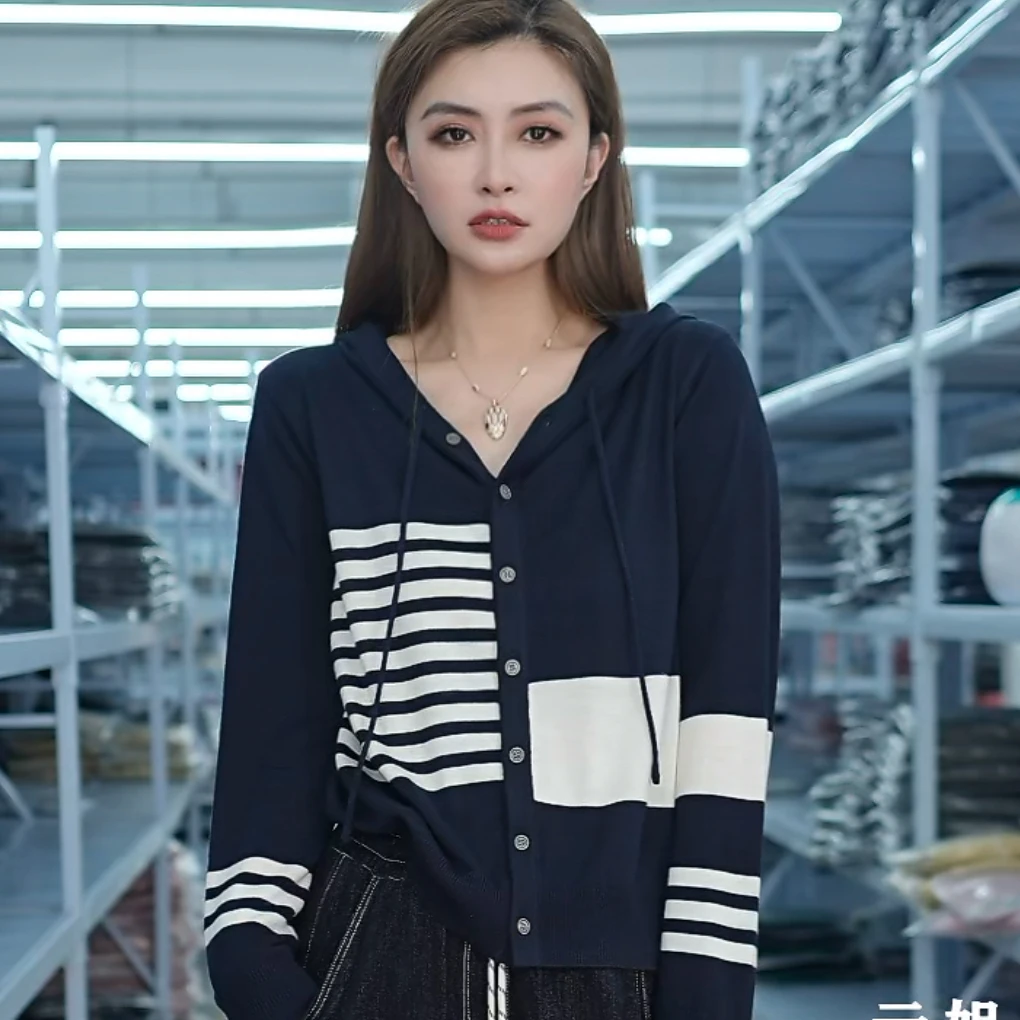 【例畔精选】韩版气质时尚连帽侧条纹百搭休闲针织开衫A797#
