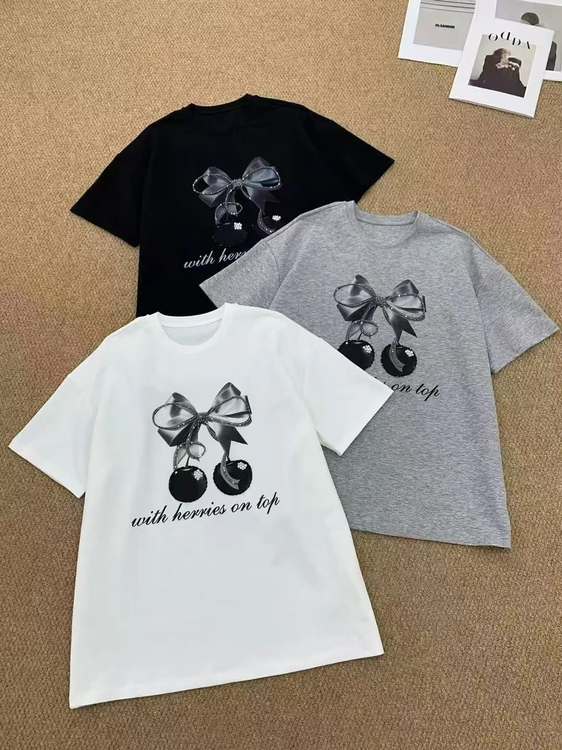 欧洲站2025夏季新款女欧货圆领蝴蝶结钉珠宽松大版短袖T恤潮