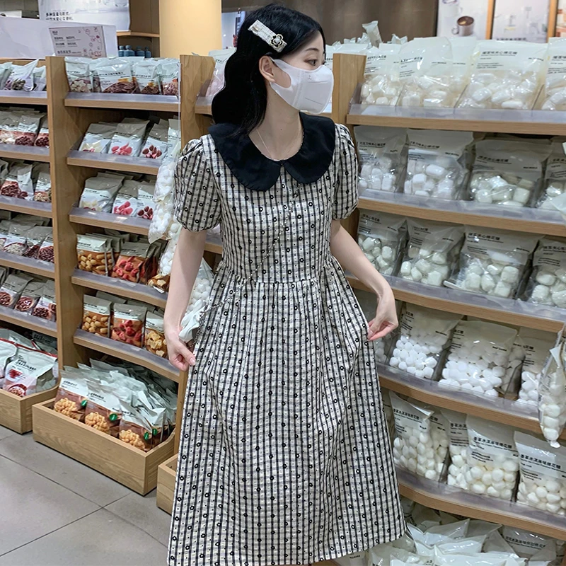 法式复古波点格子连衣裙女夏小个子娃娃领气质收腰绝美温柔风长裙