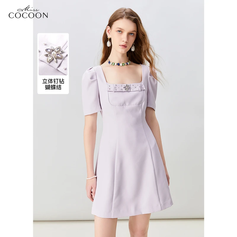 missCOCOON法式方领连衣裙夏季新款女收腰修身短款连衣裙