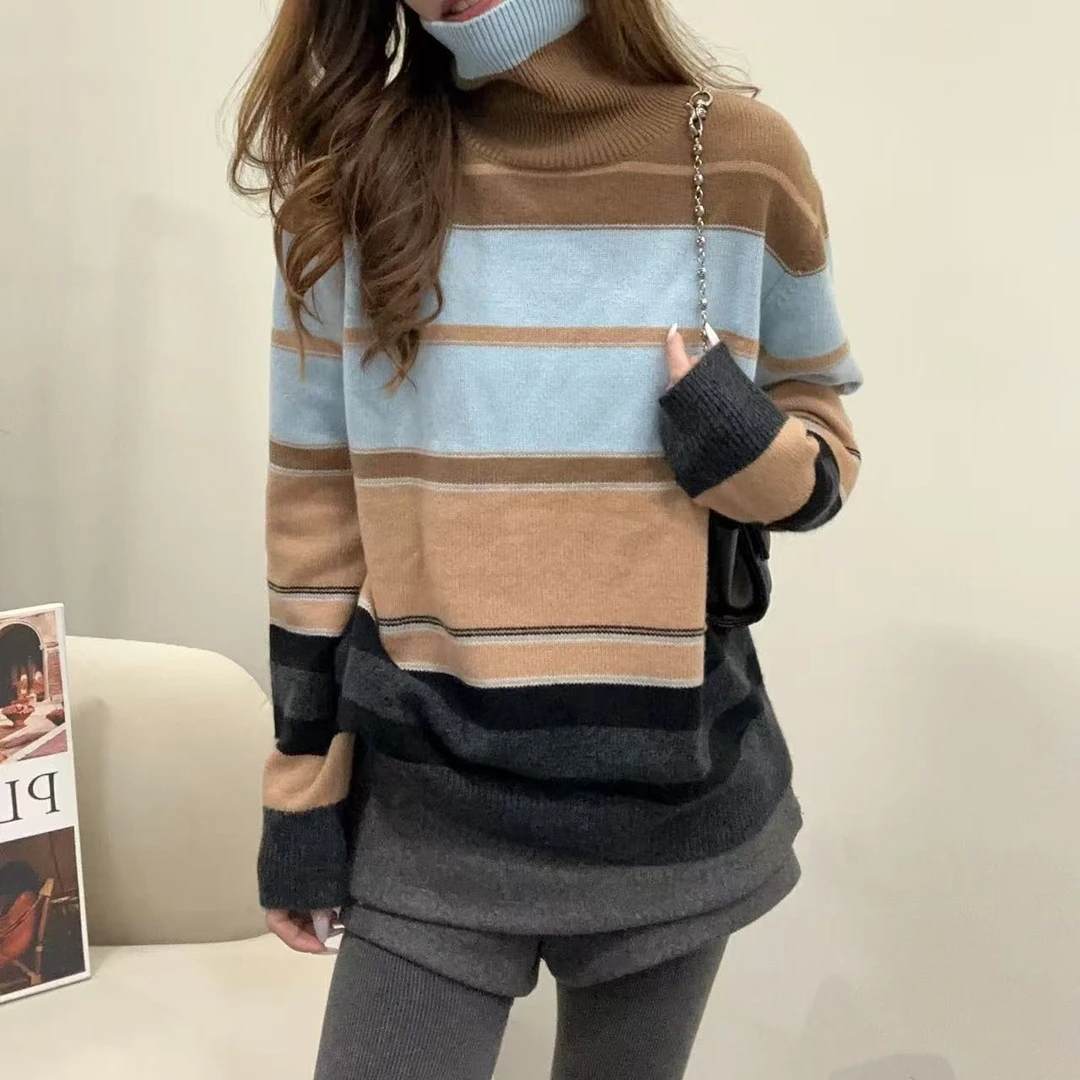 【俩月羊绒】轻奢241999-100山羊绒慵懒时尚拼色条纹针织高领套头衫