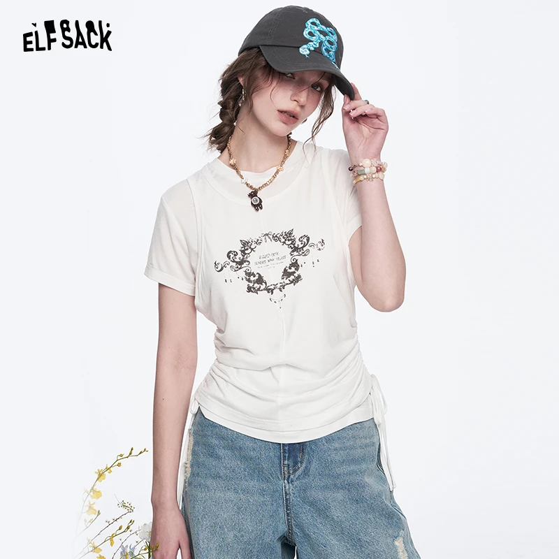 5075【金拐子】妖精的口袋假两件印花白色短袖t恤女修身显瘦裤子