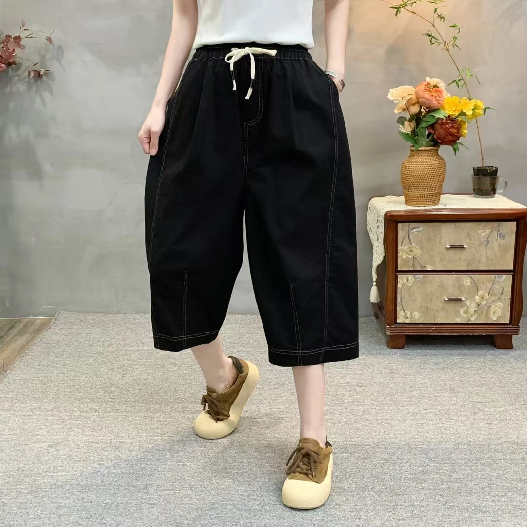 1521夏季新款高支高密水洗棉裤子显瘦挺括八分裤薄款宽松休闲裤