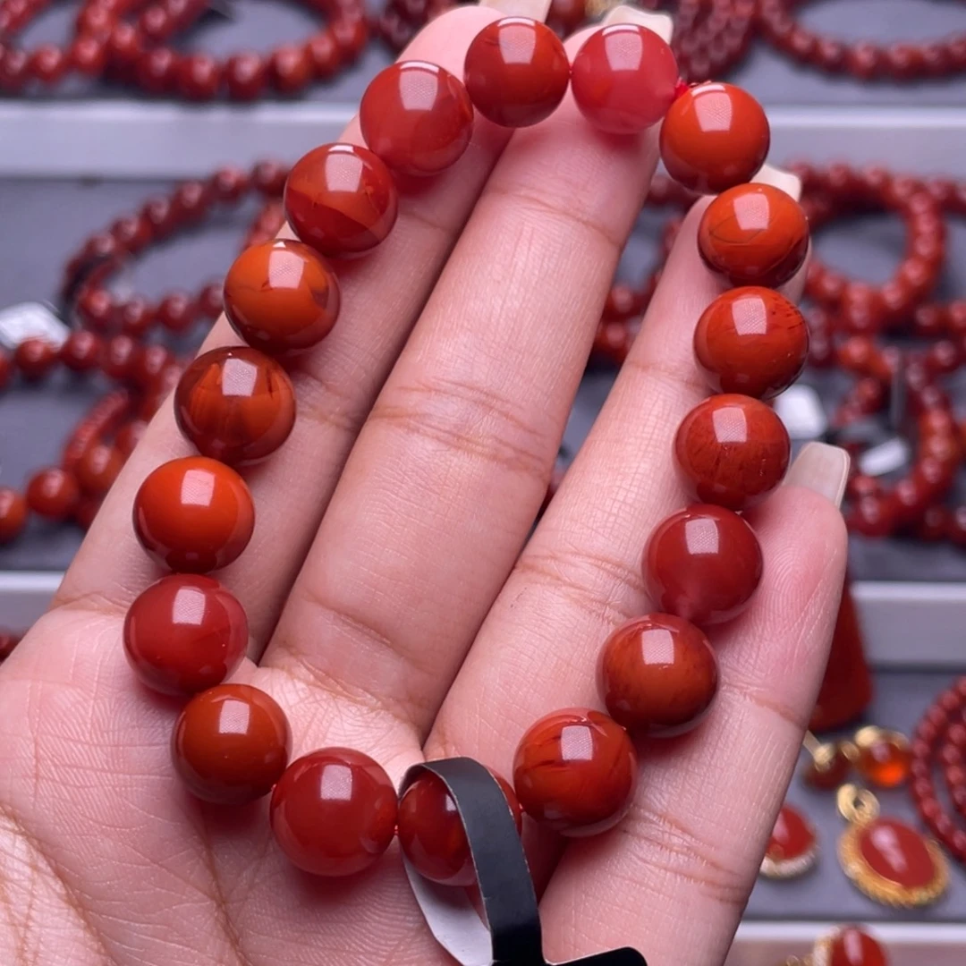 南红玛瑙未镶嵌其他收藏级10.7mm瓦西玫瑰红双色原矿手串