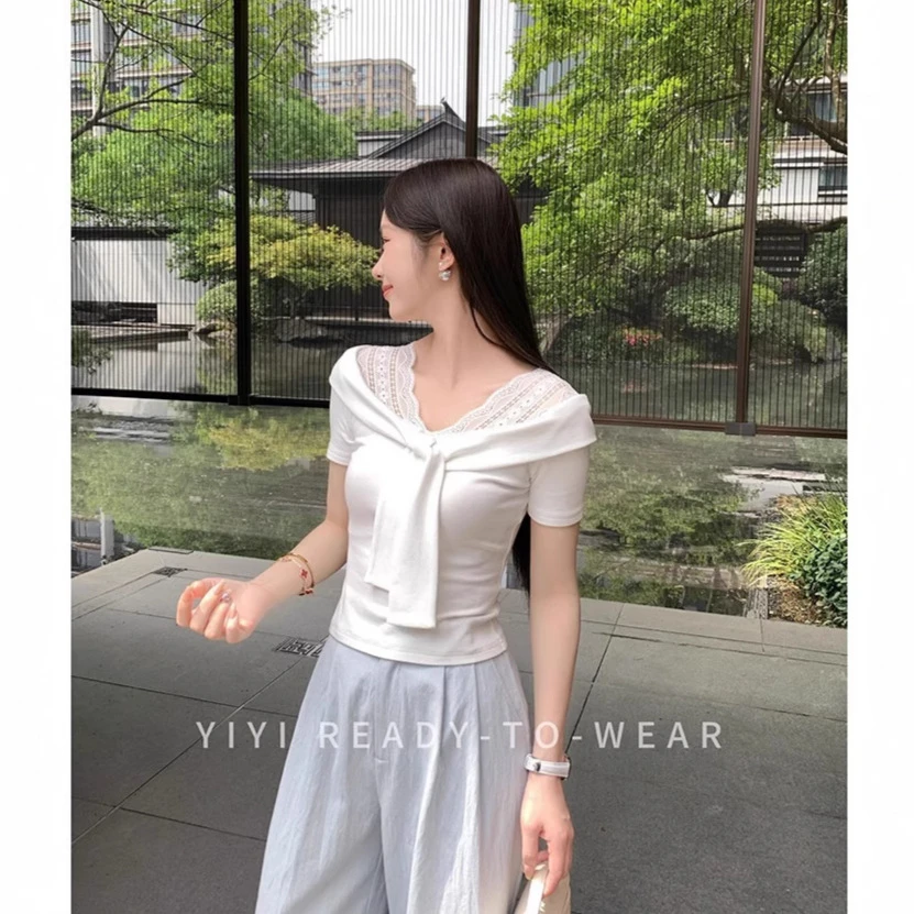 【W3526】小众设计感蕾丝花边拼接纯欲风系带修身显瘦上衣