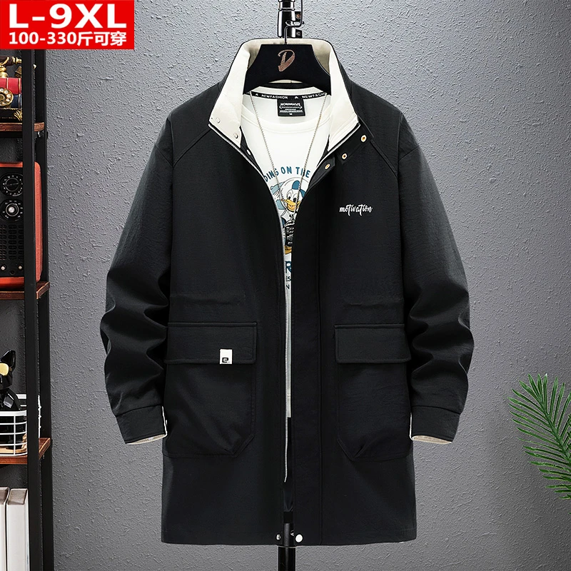 春秋潮流港风男装帅气百搭立领风衣胖男士加肥大码宽松中长款外套