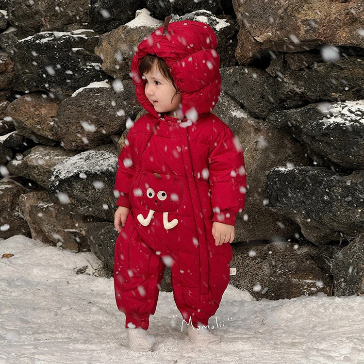 婴儿冬装外出羽绒服连体衣宝宝冬季保暖过年红色喜庆拜年服爬服