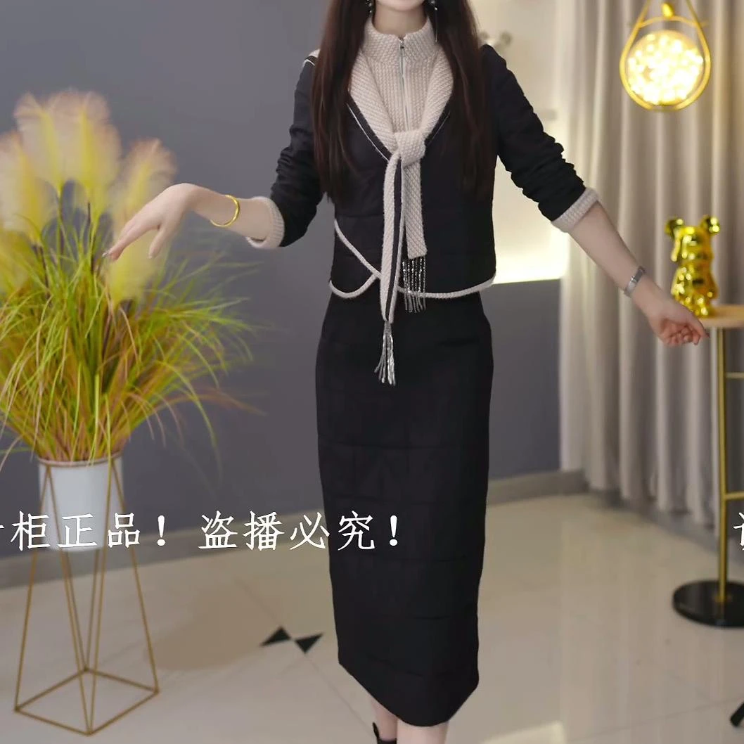 雪花绒蓄热棉2025秋冬新款优雅时尚减龄显瘦收腰气质棉服衣裙套装