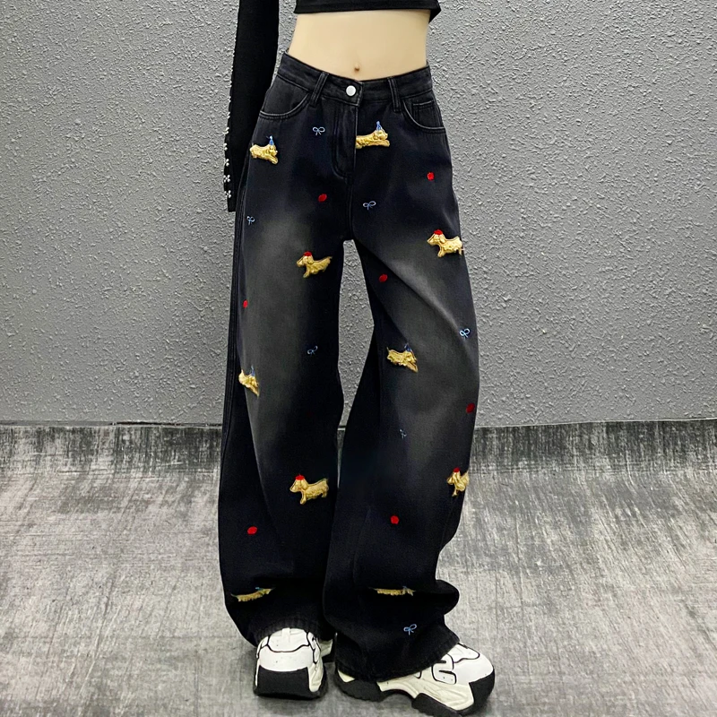 个性设计垂感休闲牛仔裤女春新款高腰宽松显瘦百搭直筒阔腿拖地裤