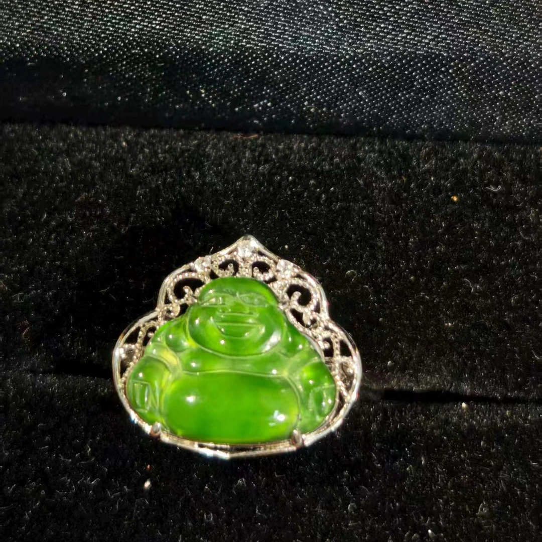 缅甸天然A货正阳绿翡翠佛公银镶时尚百搭戒指多样性发其一9241
